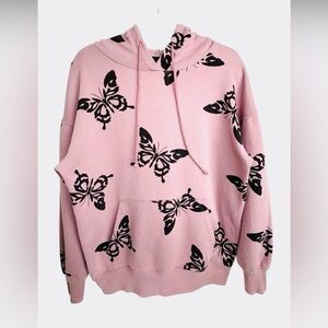 Y2K Pink Black Tribal Butterfly Print Oversized Hoodie Fairy Grunge Alt E-Girl